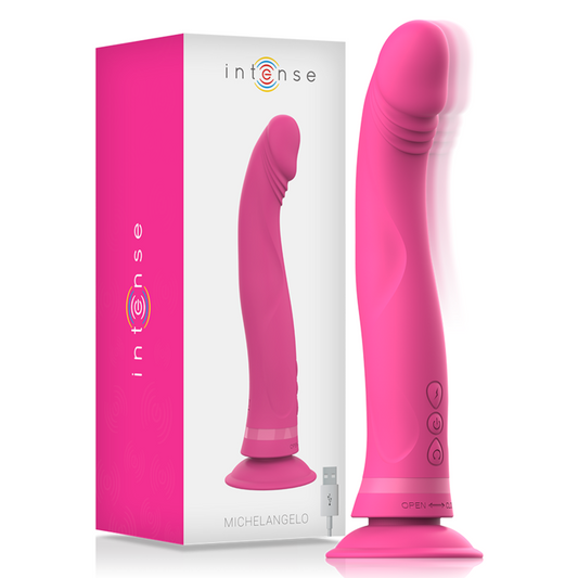 Vibrador de silicone Intense Michelangelo rosa com dupla densidade e ventosa.