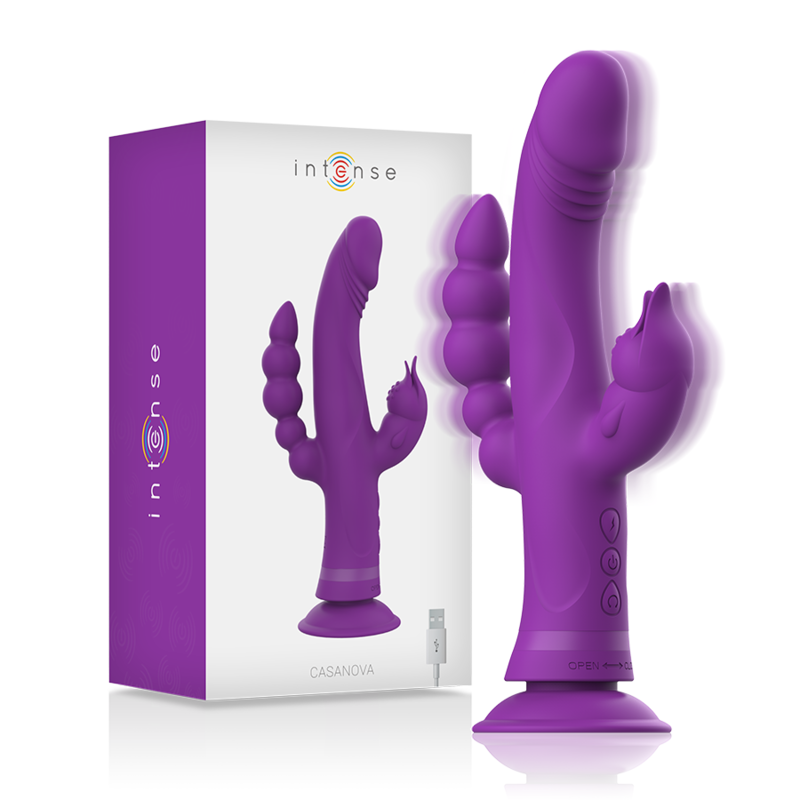 Vibrador Coelho Triplo Motor Intense Casanova de silicone roxo, com detalhes dos estimuladores e ventosa.