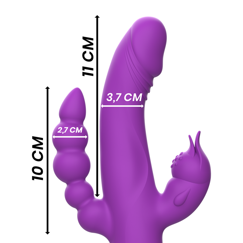 Vibrador Coelho Triplo Motor Intense Casanova de silicone roxo, com detalhes dos estimuladores e ventosa.
