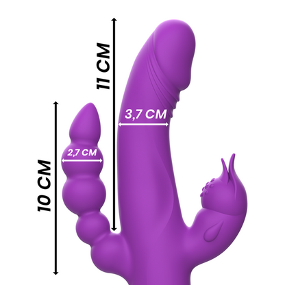 Vibrador Coelho Triplo Motor Intense Casanova de silicone roxo, com detalhes dos estimuladores e ventosa.