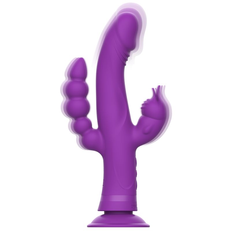 Vibrador Coelho Triplo Motor Intense Casanova de silicone roxo, com detalhes dos estimuladores e ventosa.