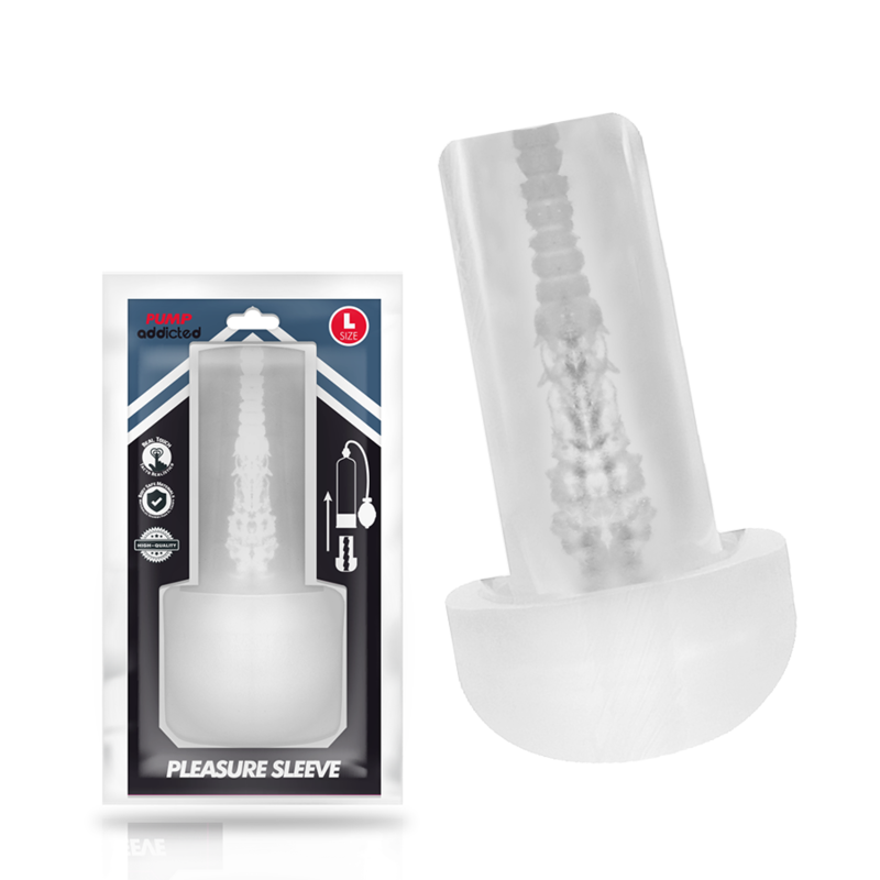 Close-up of the PUMP ADDICTED Masturbador com Manga Transparente Tamanho G showing its realistic texture and transparent design.