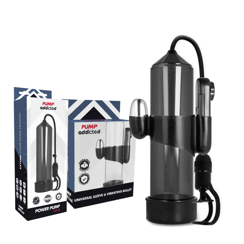 Close-up of the PUMP ADDICTED Bomba Peniana com Vibrador RX5, designed for male enhancement and pleasure.