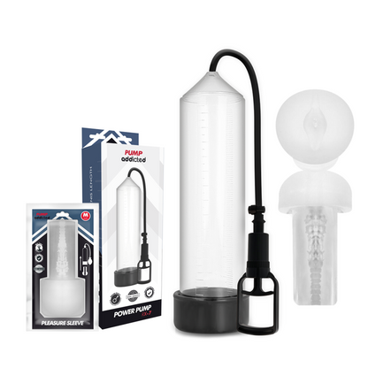 Bomba Peniana Pump Addicted RX7 Transparente com Masturbador para aumento e prazer.