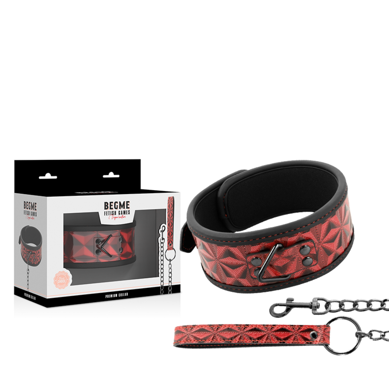 Detalhe do Colar BEGME de Couro Vegano Premium Red Edition com Forro de Neoprene, mostrando a textura e os anéis metálicos.