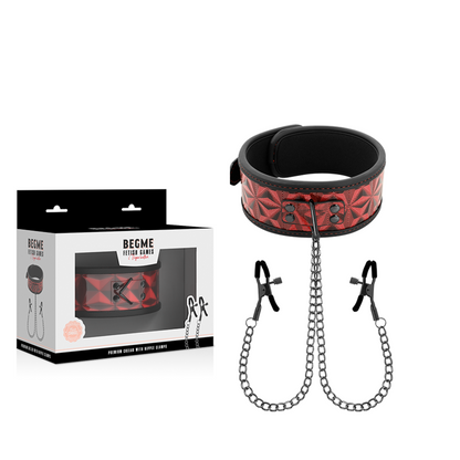 Close-up do Conjunto Bondage BEGME com Colar Vermelho, Braçadeiras e Pinças para Mamilos