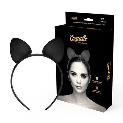 Faixa preta com orelhas de gato da COQUETTE CHIC DESIRE em couro vegano, ideal para complementar looks de lingerie.