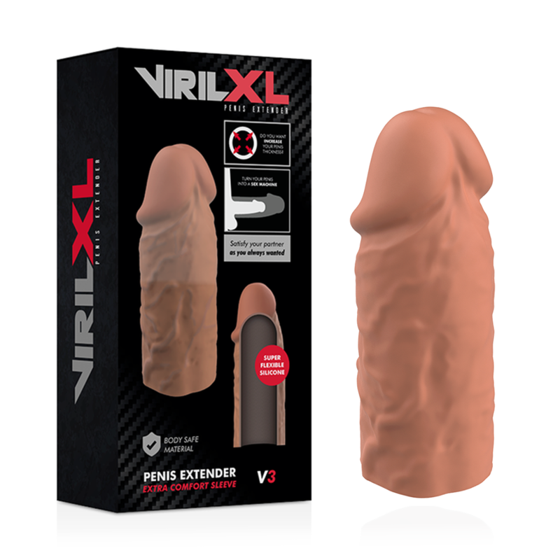 Close-up da VIRILXL Extensão de Pénis V3 de Silicone Líquido Marrom, mostrando sua textura e características para aumento de espessura.