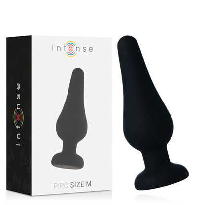 Close-up do Plug Anal Intense Pipo M de Silicone Preto 11 CM, destacando a sua forma cónica e material macio.