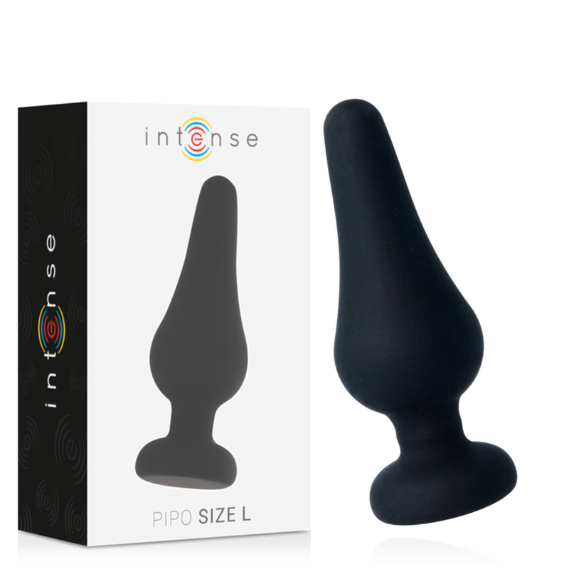 Close-up do INTENSE Plug Anal Pipo L em silicone preto de 13 cm, destacando sua forma cónica e material suave.