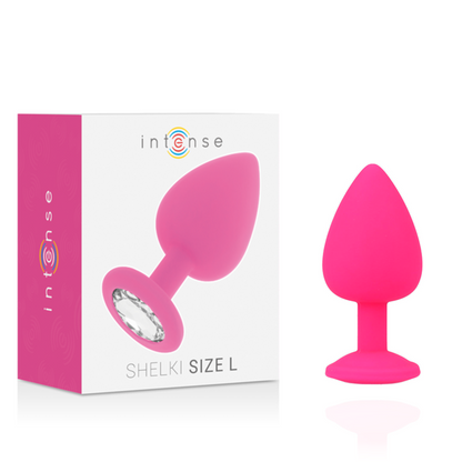 Detalhe do Plug Anal INTENSE Shelki L Silicone Macio Fúcsia, mostrando sua forma ergonómica e base de diamante.