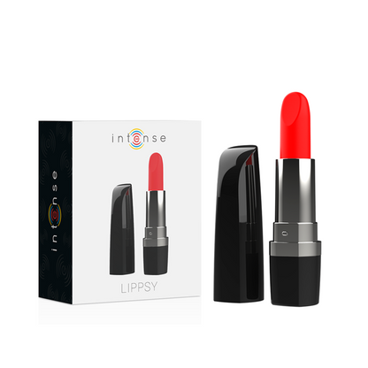 Close-up do INTENSE Mini Vibrador Lippsy, destacando seu design elegante em formato de batom e ponta de silicone macia.