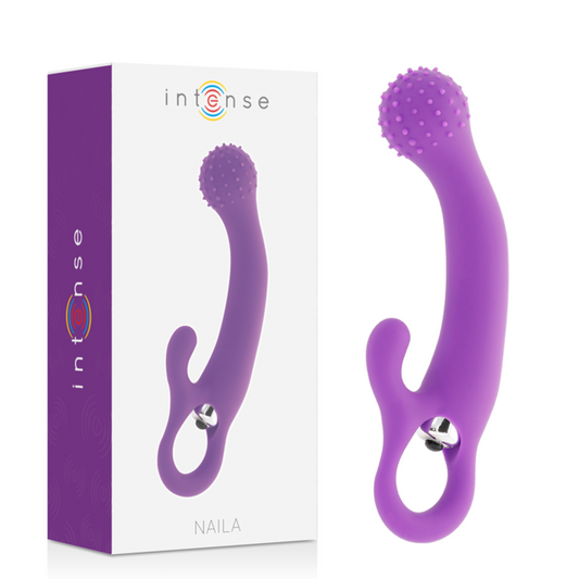 Vibrador Intense Naila de silicone roxo para estimulação do Ponto G e Clítoris, mostrando a sua forma ergonómica e textura macia.