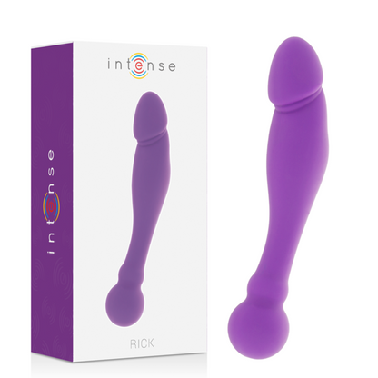 Intense Dildo Duplo Silicone Roxo para Dupla Estimulação, mostrando as extremidades e material sedoso.