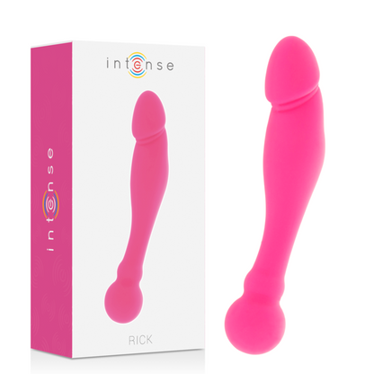 Close-up of the Intense Dildo Duplo Rick Silicone Rosa, highlighting its flexible design and dual ends.