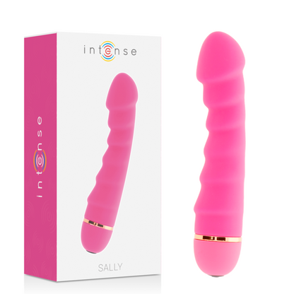 Close-up do Vibrador Intense Sally de Silicone Rosa com 20 Velocidades, destacando o design ergonómico e a ponta para o ponto G.