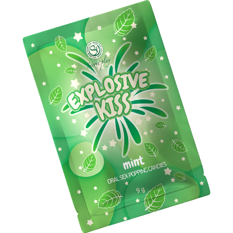 Close-up of the SECRETPLAY Doces Explosivos de Menta 9g showing its packaging and texture.