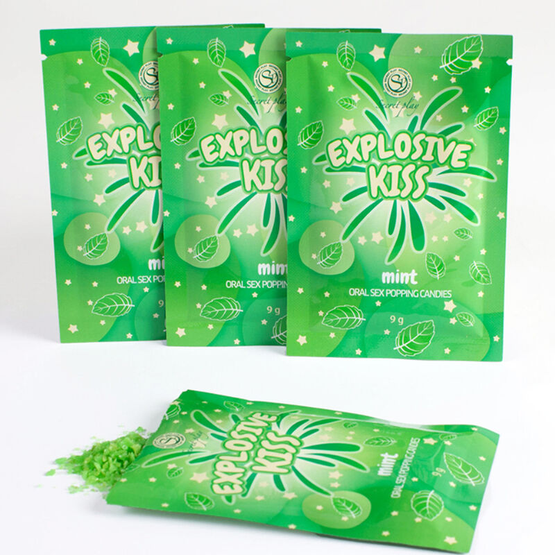 Close-up of the SECRETPLAY Doces Explosivos de Menta 9g showing its packaging and texture.