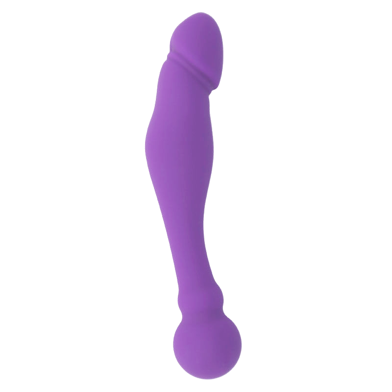 Intense Dildo Duplo Silicone Roxo para Dupla Estimulação, mostrando as extremidades e material sedoso.