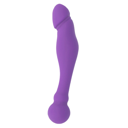 Intense Dildo Duplo Silicone Roxo para Dupla Estimulação, mostrando as extremidades e material sedoso.