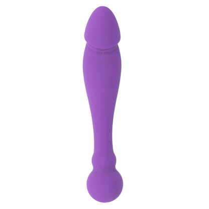 Intense Dildo Duplo Silicone Roxo para Dupla Estimulação, mostrando as extremidades e material sedoso.