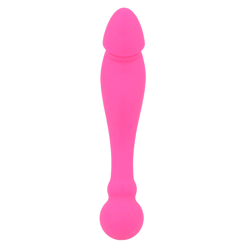 Close-up of the Intense Dildo Duplo Rick Silicone Rosa, highlighting its flexible design and dual ends.