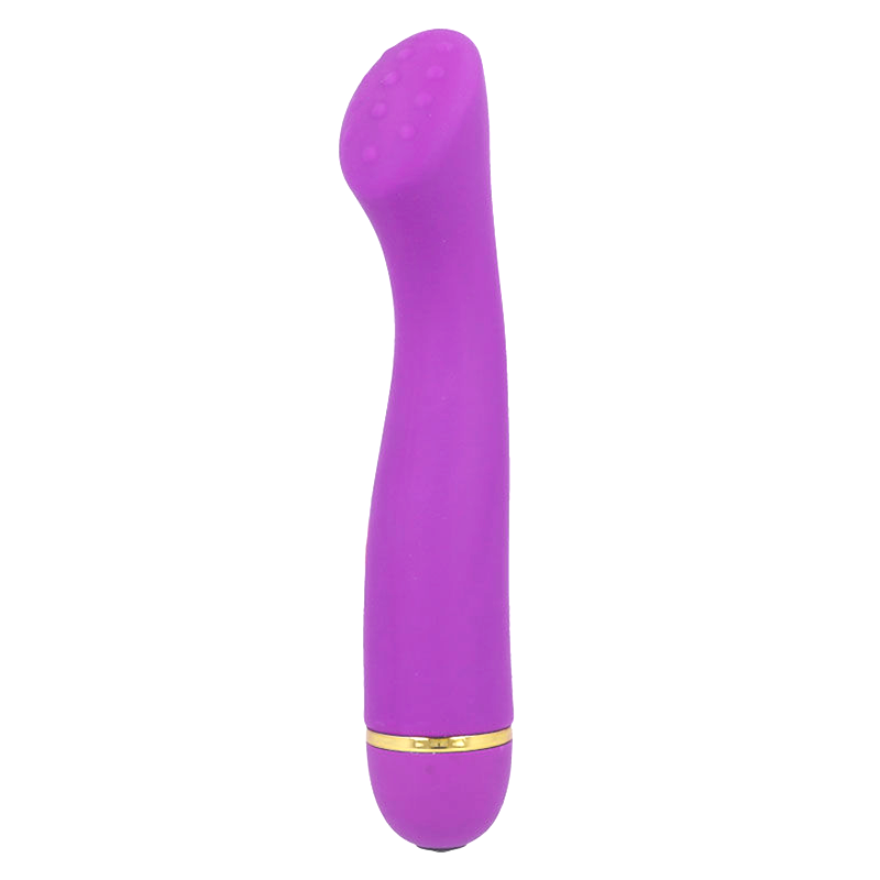 Close-up do Vibrador Intense Lilo em Silicone Lilás, destacando seu design ergonômico e ponta curva para estimulação do Ponto G.