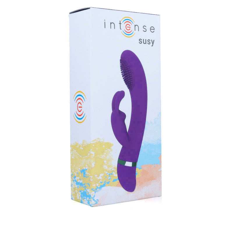 Close-up do Intense Vibrador Susy Silicone Rabbit Oscilante Lilás mostrando seu design ergonómico e estimuladores duplos.