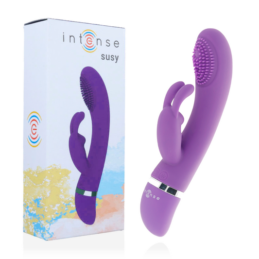 Close-up do Intense Vibrador Susy Silicone Rabbit Oscilante Lilás mostrando seu design ergonómico e estimuladores duplos.