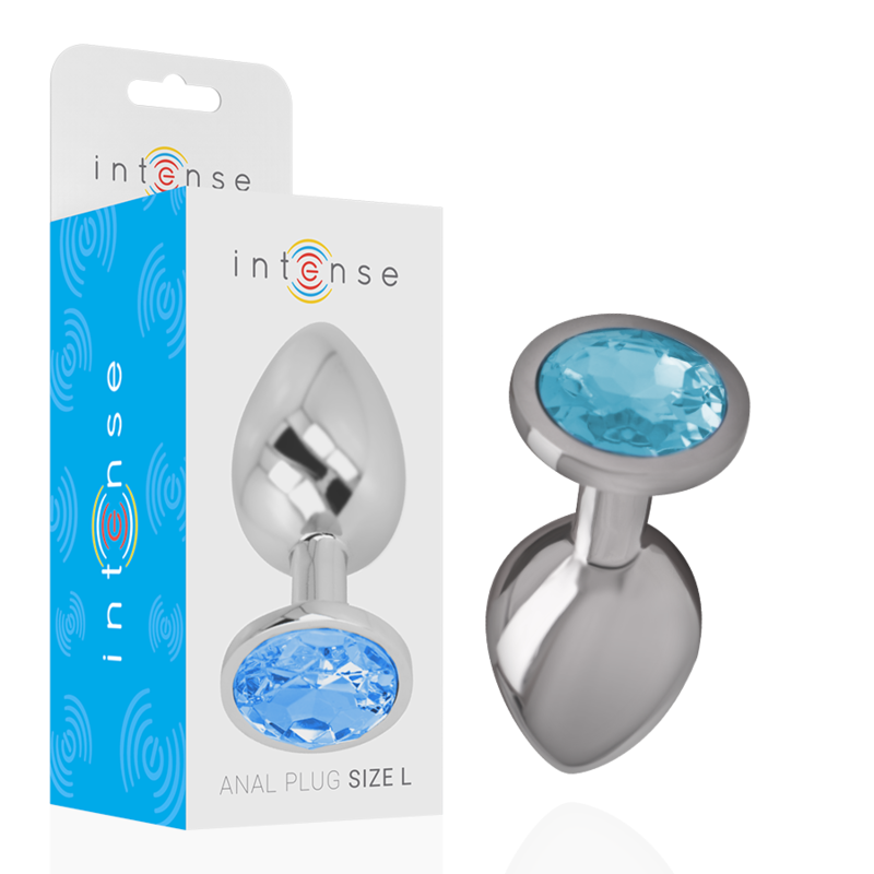Plug anal de metal Intense com cristal azul e superfície lisa.