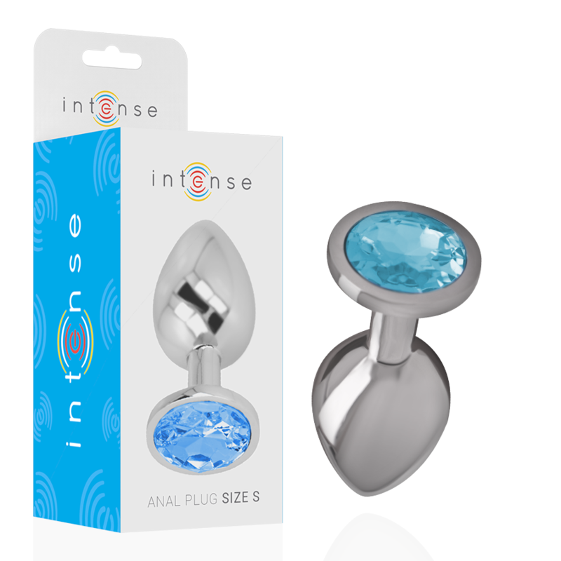 Close-up do Plug Anal INTENSE de Metal com Cristal Azul, tamanho S, mostrando seu design e brilho.