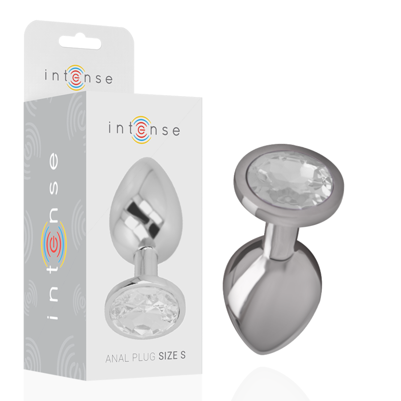 Close-up do Plug Anal de Metal Intense com Cristal Prata Tamanho S, destacando o design elegante e a joia.
