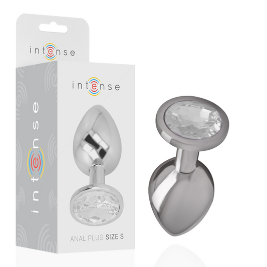 Close-up do Plug Anal de Metal Intense com Cristal Prata Tamanho S, destacando o design elegante e a joia.