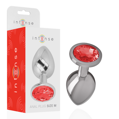 Close-up do Plug Anal Intense™ de Metal com Cristal Vermelho Tamanho M, destacando o design luxuoso e o material de alta qualidade.