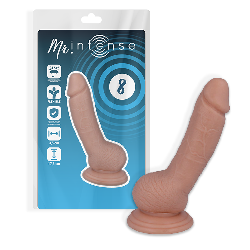Close-up of the MR INTENSE Dildo Realista 17.6 cm with suction cup, showing its realistic texture and design.