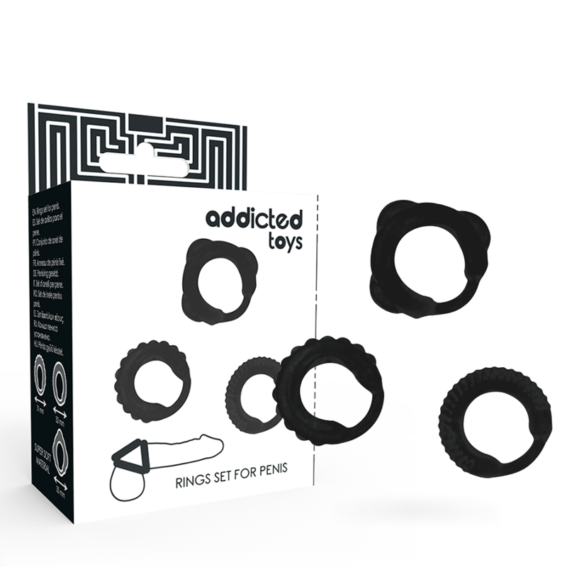 Conjunto de 3 Anéis Penianos ADDICTED TOYS na cor preta, com diferentes diâmetros, para intensificar o prazer e a ereção.