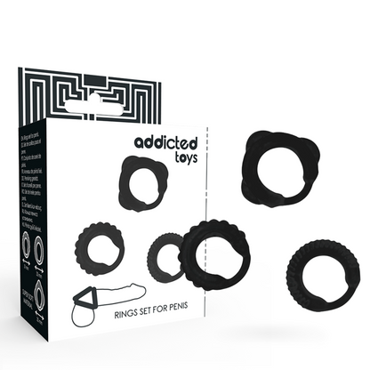 Conjunto de 3 Anéis Penianos ADDICTED TOYS na cor preta, com diferentes diâmetros, para intensificar o prazer e a ereção.