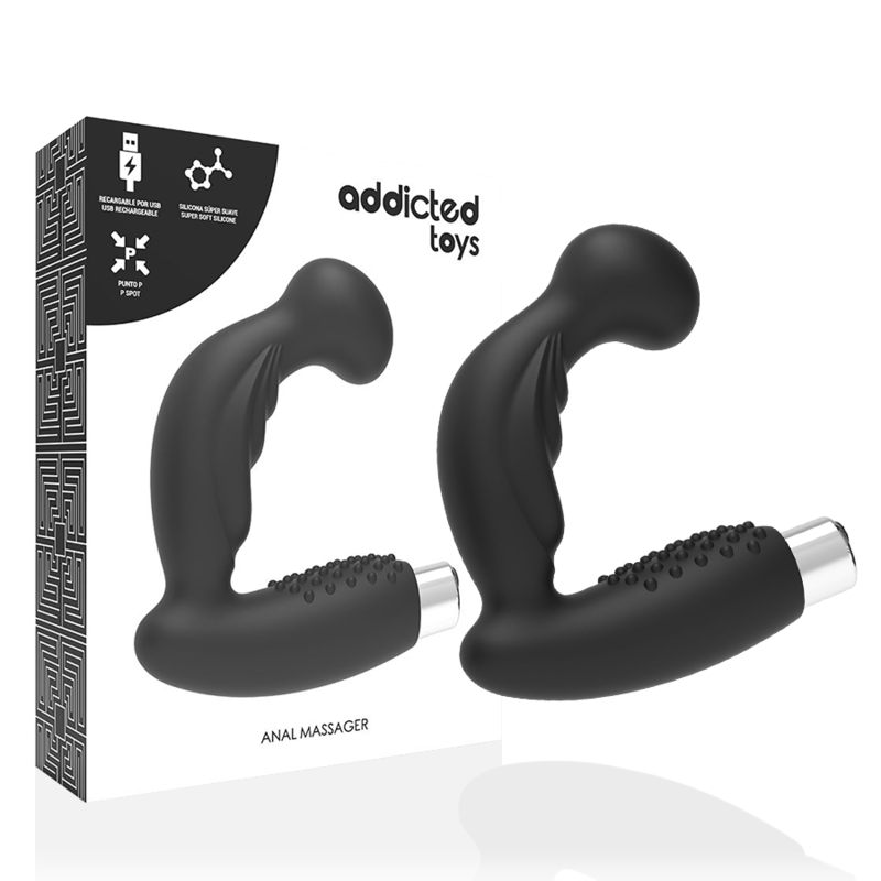 Vibrador prostático recarregável Addicted Toys preto, design ergonómico para estimulação do ponto G.