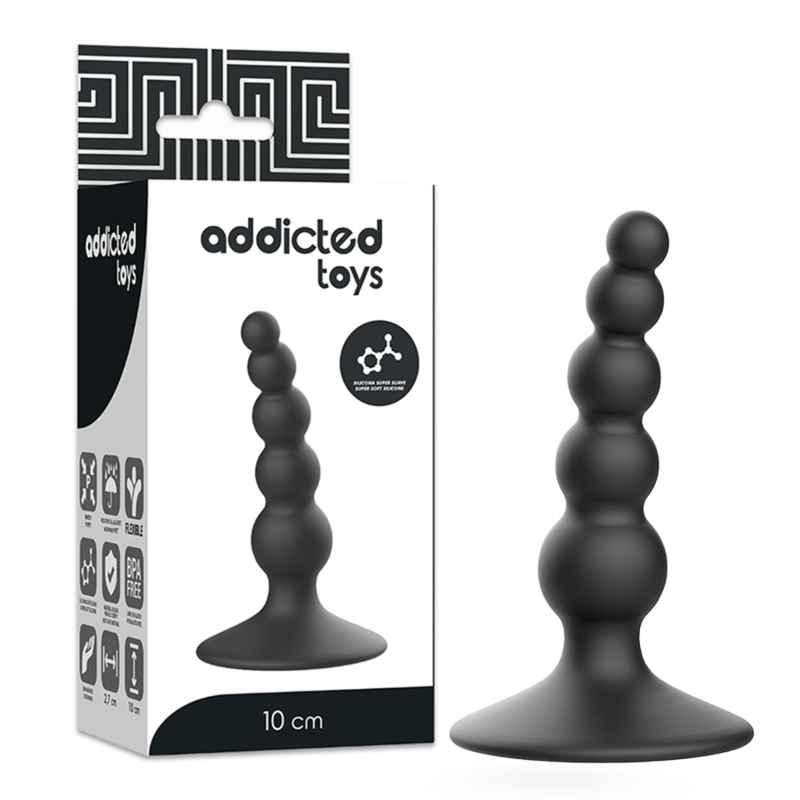 Close-up do Plug Anal ADDICTED TOYS de silicone preto 10 cm, mostrando a textura lisa e a base de segurança.