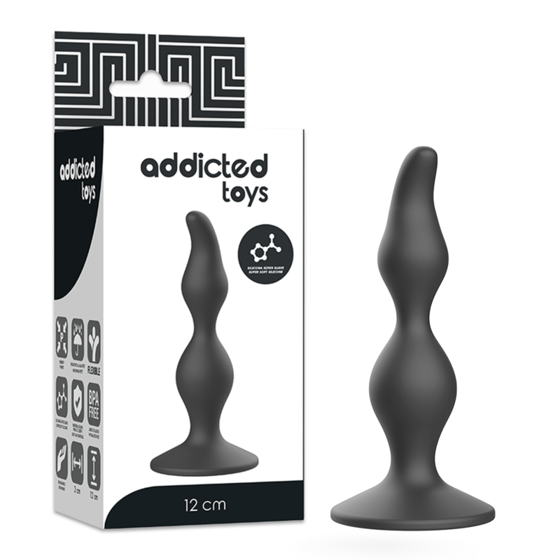 Close-up do Plug Anal ADDICTED TOYS de silicone preto 12cm, mostrando o seu design cónico e base segura.