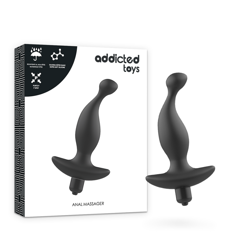 ADDICTED TOYS Massageador Anal Vibratório de Silicone Preto, detalhe da textura suave e design ergonómico para estimulação da próstata.