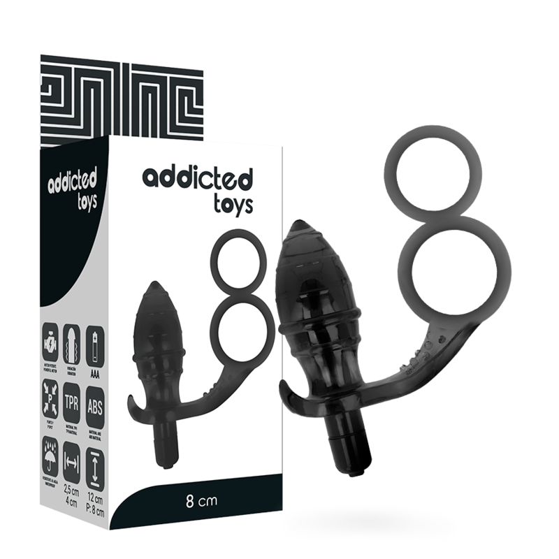Imagem do Plug Anal Vibratório Addicted Toys com Anel Duplo Preto, destacando o design e material suave.
