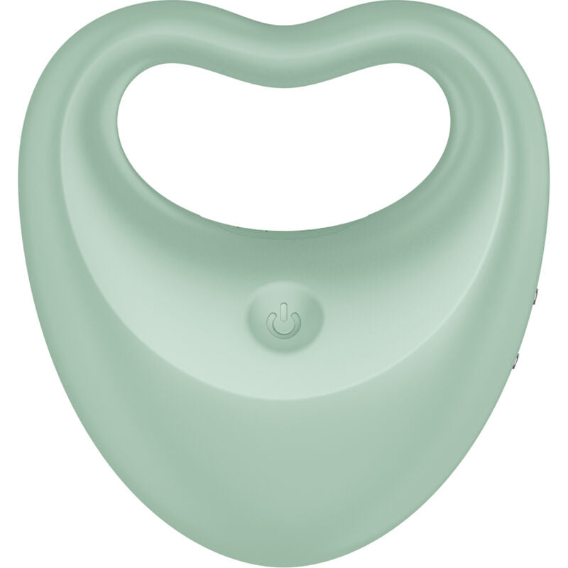 Close-up do Satisfyer Perfect Pair 3 Verde, mostrando seu design de coração e textura de silicone.