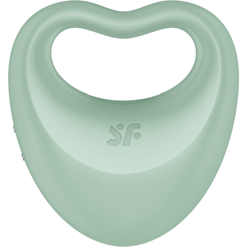 Close-up do Satisfyer Perfect Pair 3 Verde, mostrando seu design de coração e textura de silicone.