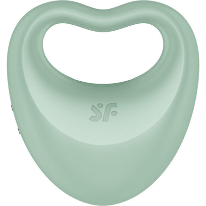 Close-up do Satisfyer Perfect Pair 3 Verde, mostrando seu design de coração e textura de silicone.