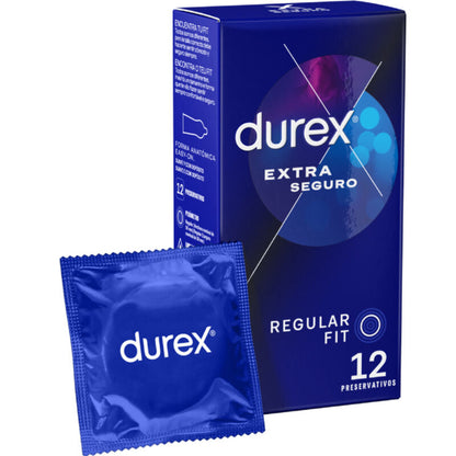 Embalagem de preservativos DUREX Extra Seguro com 12 unidades, destacando a proteção e conforto.
