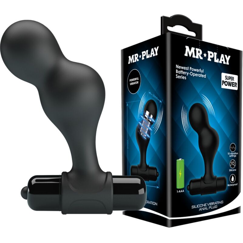Close-up do Plug Anal Vibrador MR PLAY de Silicone Preto, mostrando seu design ergonómico e base de segurança.