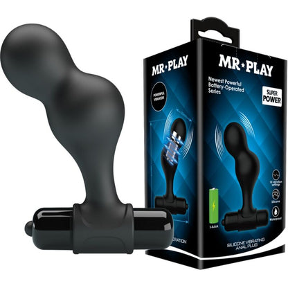 Close-up do Plug Anal Vibrador MR PLAY de Silicone Preto, mostrando seu design ergonómico e base de segurança.