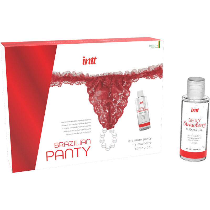 INTT Tanga Brasileira Vermelha com Pérolas e Gel Lubrificante Morango 50ml, detalhe da renda e das pérolas