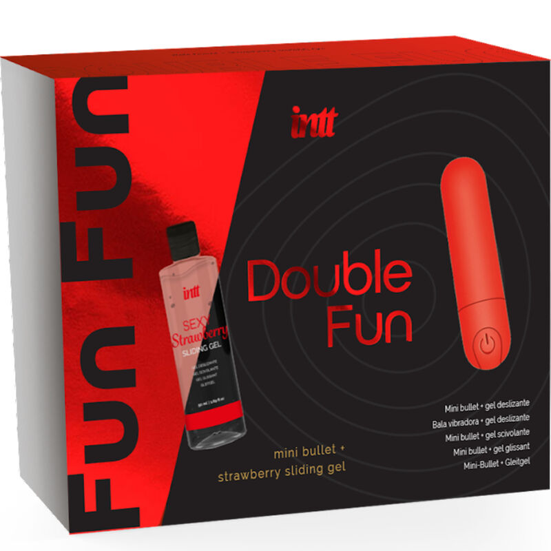 Close-up of the INTT Kit Duplo Fun with Bullet Vibrator and Strawberry Massage Gel, showing the vibrator's smooth ABS material and the gel bottle.